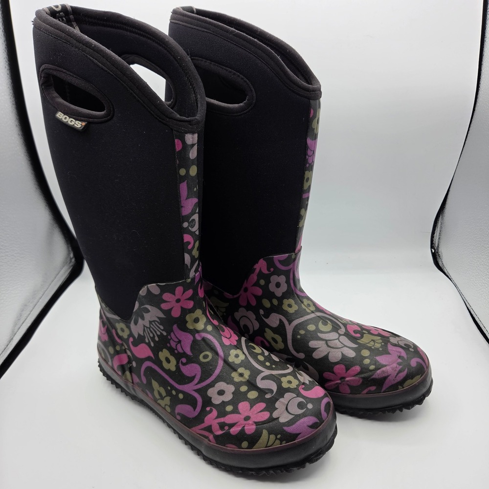 Bogs Classic High Corsage Womens 9 Black Floral Waterproof Insulated Rain Boots